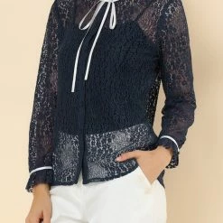 Allegra K Women's Lace Top Floral Semi Sheer Long Sleeve Button Down Office Business Blouse