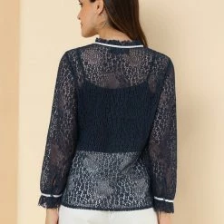 Allegra K Women's Lace Top Floral Semi Sheer Long Sleeve Button Down Office Business Blouse