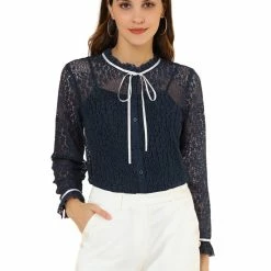 Allegra K Women's Lace Top Floral Semi Sheer Long Sleeve Button Down Office Business Blouse