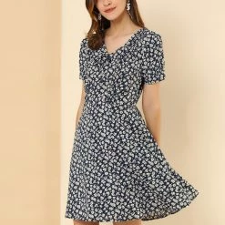 Allegra K Women's Short Sleeve Casual Petite Cute Tie V Neck Floral A-Line Dress 27 Allegra K Women's Short Sleeve Casual Petite Cute Tie V Neck Floral A-Line Dress