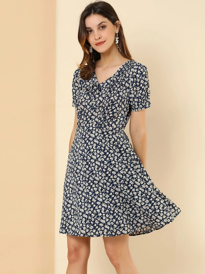 Allegra K Women's Short Sleeve Casual Petite Cute Tie V Neck Floral A-Line Dress 10 Allegra K Women's Short Sleeve Casual Petite Cute Tie V Neck Floral A-Line Dress