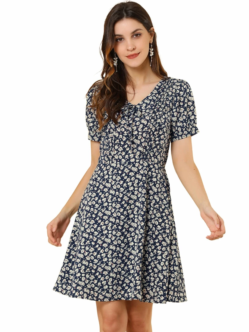 Allegra K Women's Short Sleeve Casual Petite Cute Tie V Neck Floral A-Line Dress 11 Allegra K Women's Short Sleeve Casual Petite Cute Tie V Neck Floral A-Line Dress