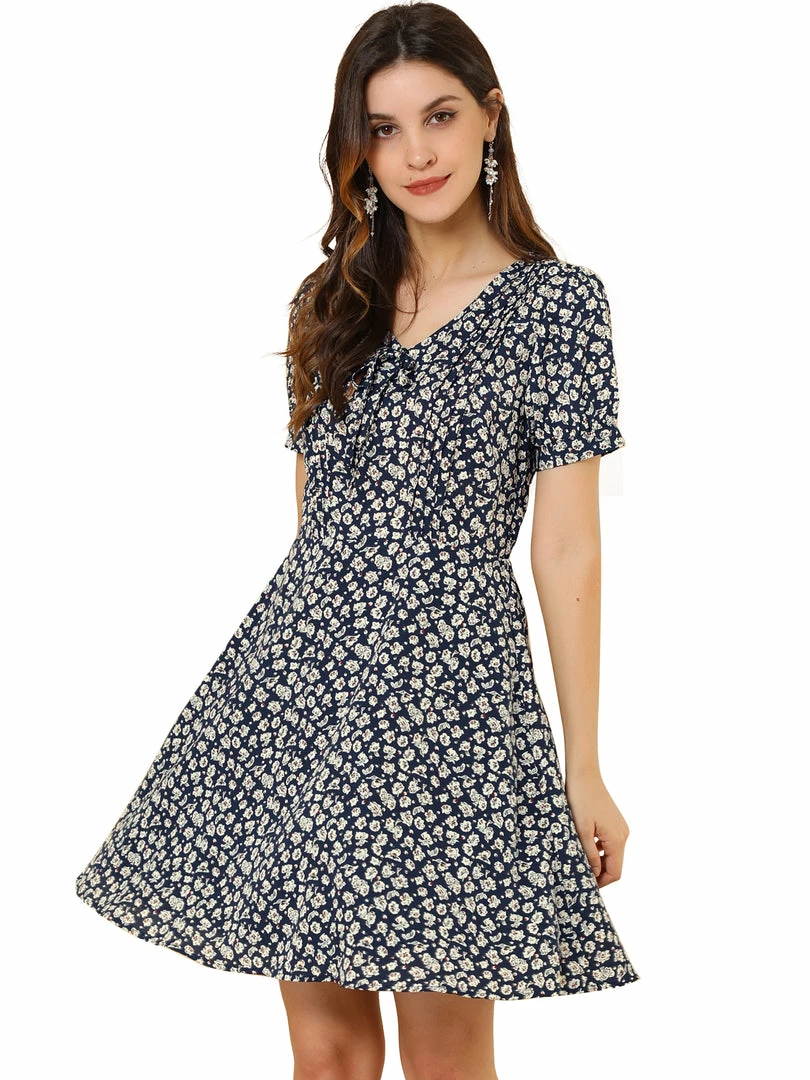 Allegra K Women's Short Sleeve Casual Petite Cute Tie V Neck Floral A-Line Dress 9 Allegra K Women's Short Sleeve Casual Petite Cute Tie V Neck Floral A-Line Dress