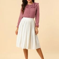 Allegra K Women's Ruffle Neck Polka Dot Button Front Sheer Chiffon Blouse