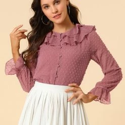 Allegra K Women's Ruffle Neck Polka Dot Button Front Sheer Chiffon Blouse