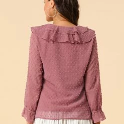 Allegra K Women's Ruffle Neck Polka Dot Button Front Sheer Chiffon Blouse