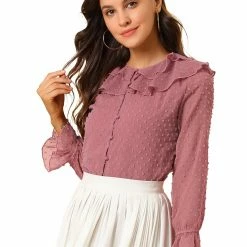 Allegra K Women's Ruffle Neck Polka Dot Button Front Sheer Chiffon Blouse