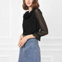 Allegra K Women's Ruffle Neck Polka Dot Button Front Sheer Chiffon Blouse