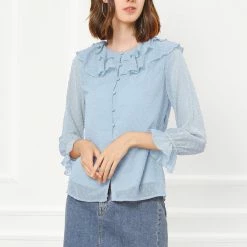 Allegra K Women's Ruffle Neck Polka Dot Button Front Sheer Chiffon Blouse