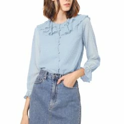 Allegra K Women's Ruffle Neck Polka Dot Button Front Sheer Chiffon Blouse