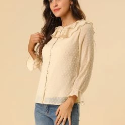 Allegra K Women's Ruffle Neck Polka Dot Button Front Sheer Chiffon Blouse