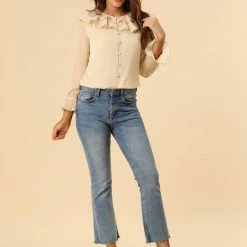 Allegra K Women's Ruffle Neck Polka Dot Button Front Sheer Chiffon Blouse