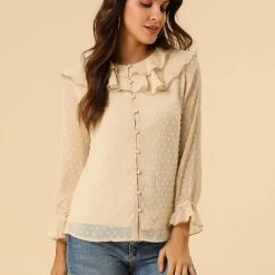 Allegra K Women's Ruffle Neck Polka Dot Button Front Sheer Chiffon Blouse