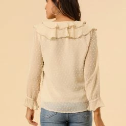 Allegra K Women's Ruffle Neck Polka Dot Button Front Sheer Chiffon Blouse