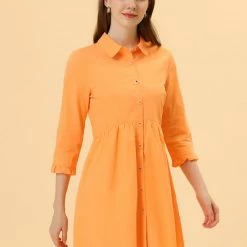Allegra K Women's 3/4 Sleeve Button Front Flare Mini Shirt Dress 113 Allegra K Women's 3/4 Sleeve Button Front Flare Mini Shirt Dress