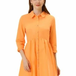 Allegra K Women's 3/4 Sleeve Button Front Flare Mini Shirt Dress 111 Allegra K Women's 3/4 Sleeve Button Front Flare Mini Shirt Dress