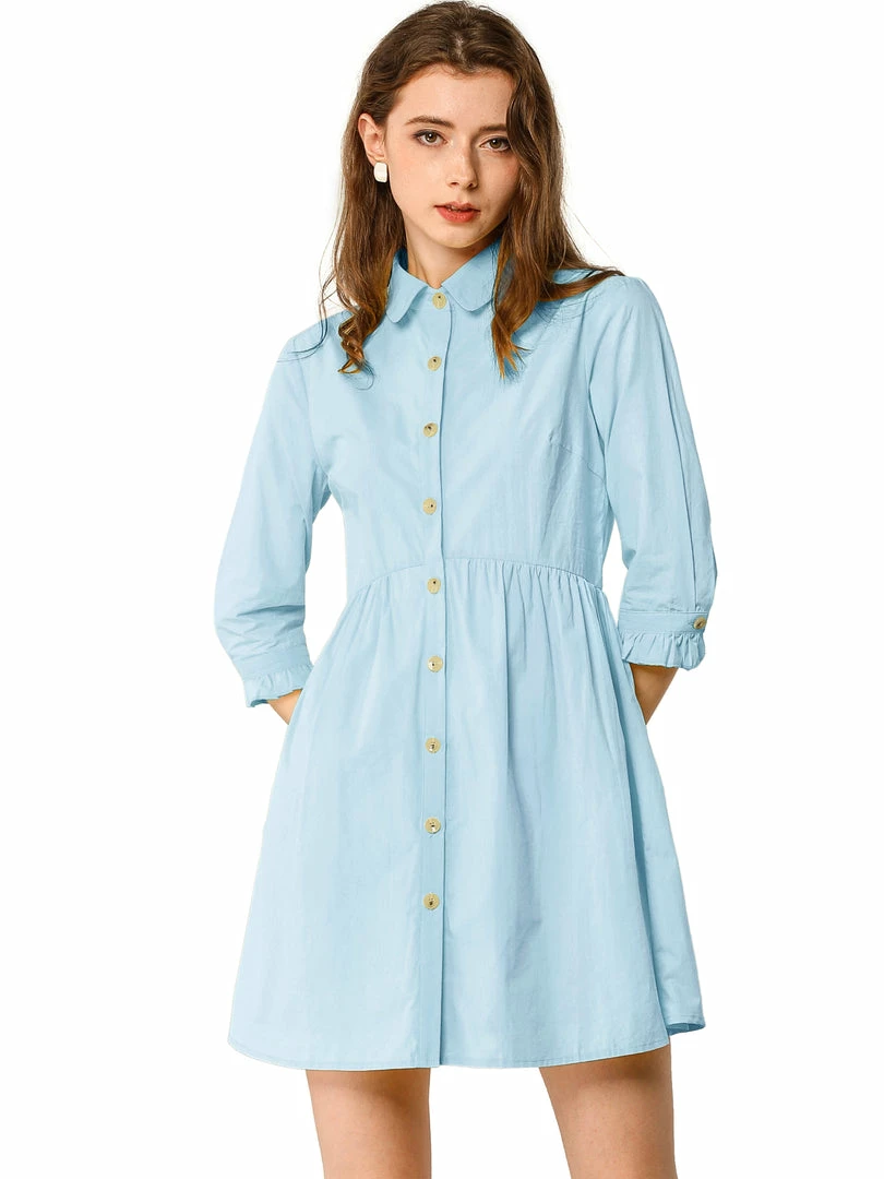 Allegra K Women's 3/4 Sleeve Button Front Flare Mini Shirt Dress 9 Allegra K Women's 3/4 Sleeve Button Front Flare Mini Shirt Dress