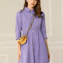 Allegra K Women's 3/4 Sleeve Button Front Flare Mini Shirt Dress