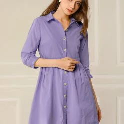 Allegra K Women's 3/4 Sleeve Button Front Flare Mini Shirt Dress 61 Allegra K Women's 3/4 Sleeve Button Front Flare Mini Shirt Dress