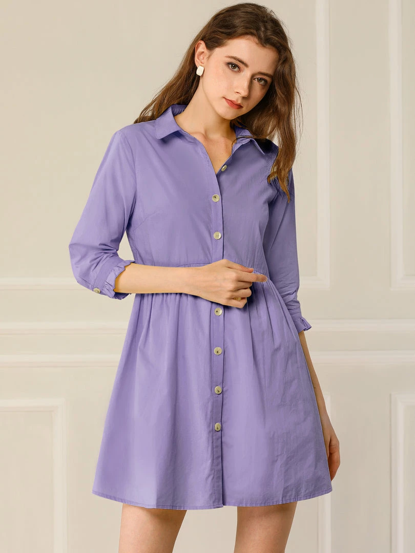 Allegra K Women's 3/4 Sleeve Button Front Flare Mini Shirt Dress 5 Allegra K Women's 3/4 Sleeve Button Front Flare Mini Shirt Dress
