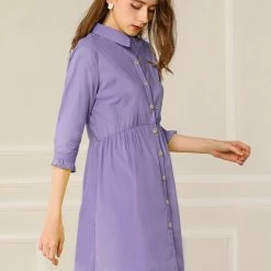 Allegra K Women's 3/4 Sleeve Button Front Flare Mini Shirt Dress 62 Allegra K Women's 3/4 Sleeve Button Front Flare Mini Shirt Dress