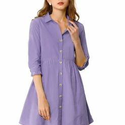 Allegra K Women's 3/4 Sleeve Button Front Flare Mini Shirt Dress