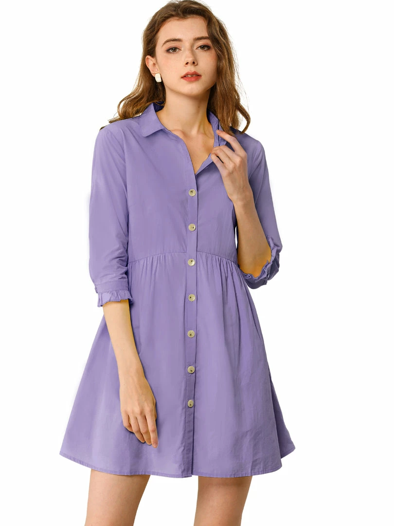 Allegra K Women's 3/4 Sleeve Button Front Flare Mini Shirt Dress 3 Allegra K Women's 3/4 Sleeve Button Front Flare Mini Shirt Dress