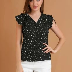 Allegra K Women's Chiffon Ruffle Flutter Sleeves Half Placket V Neck Dot Print Blouse Top