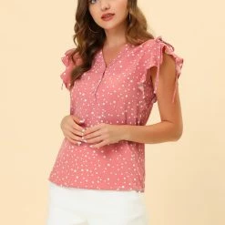Allegra K Women's Chiffon Ruffle Flutter Sleeves Half Placket V Neck Dot Print Blouse Top