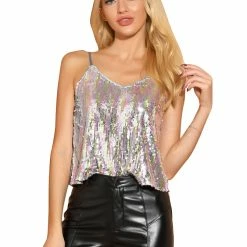 Allegra K Women's Sequin Sparkle Glitter Spaghetti Strap Crop Camisole Tank Top
