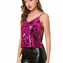 Allegra K Women's Sequin Sparkle Glitter Spaghetti Strap Crop Camisole Tank Top