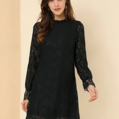 Allegra K Ruffle Crew Neck Crochet Floral Lace Dress