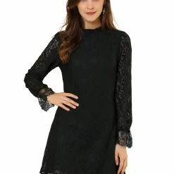 Allegra K Ruffle Crew Neck Crochet Floral Lace Dress