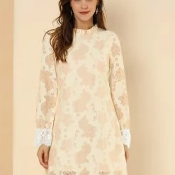 Allegra K Ruffle Crew Neck Crochet Floral Lace Dress