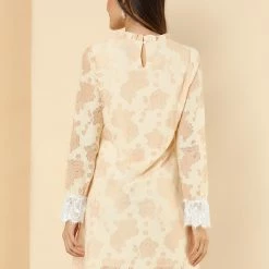 Allegra K Ruffle Crew Neck Crochet Floral Lace Dress