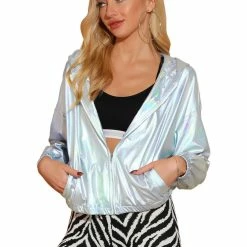 Women Allegra K Metallic Windbreaker Jacket
