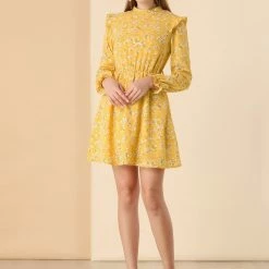 Allegra K Women's Ruffle Stand Collar Belted Floral Keyhole Back Half Lined Elastic Waist Dress