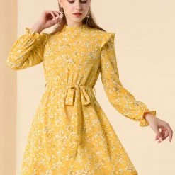 Allegra K Women's Ruffle Stand Collar Belted Floral Keyhole Back Half Lined Elastic Waist Dress