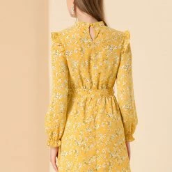 Allegra K Women's Ruffle Stand Collar Belted Floral Keyhole Back Half Lined Elastic Waist Dress