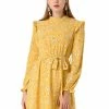 Allegra K Women's Ruffle Stand Collar Belted Floral Keyhole Back Half Lined Elastic Waist Dress