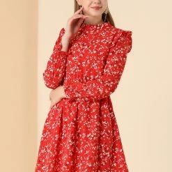 Allegra K Women's Ruffle Stand Collar Belted Floral Keyhole Back Half Lined Elastic Waist Dress
