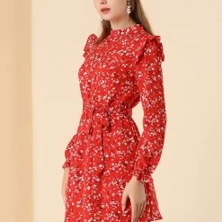 Allegra K Women's Ruffle Stand Collar Belted Floral Keyhole Back Half Lined Elastic Waist Dress