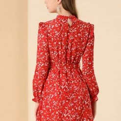 Allegra K Women's Ruffle Stand Collar Belted Floral Keyhole Back Half Lined Elastic Waist Dress