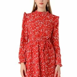 Allegra K Women's Ruffle Stand Collar Belted Floral Keyhole Back Half Lined Elastic Waist Dress