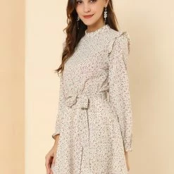 Allegra K Women's Ruffle Stand Collar Belted Floral Keyhole Back Half Lined Elastic Waist Dress