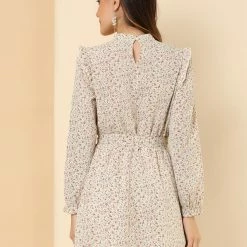 Allegra K Women's Ruffle Stand Collar Belted Floral Keyhole Back Half Lined Elastic Waist Dress