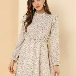 Allegra K Women's Ruffle Stand Collar Belted Floral Keyhole Back Half Lined Elastic Waist Dress