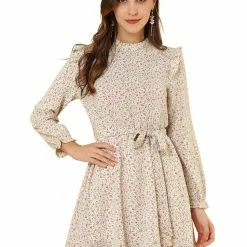 Allegra K Women's Ruffle Stand Collar Belted Floral Keyhole Back Half Lined Elastic Waist Dress