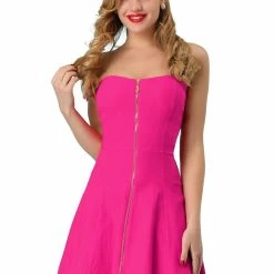 Allegra K Women's Strapless Exposed Zipper Front Tube Mini Party A-Line Dress
