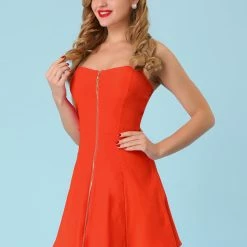 Allegra K Women's Strapless Exposed Zipper Front Tube Mini Party A-Line Dress